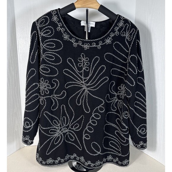 Once Again Womens Blouse Black 3/4 Sleeve Stretch Embroidered Plus 1X - Picture 1 of 16